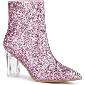 Allegra K Glitter Ankle Boots Clear Lucite Heel Pointed Toe Pink Sparkly Party 7